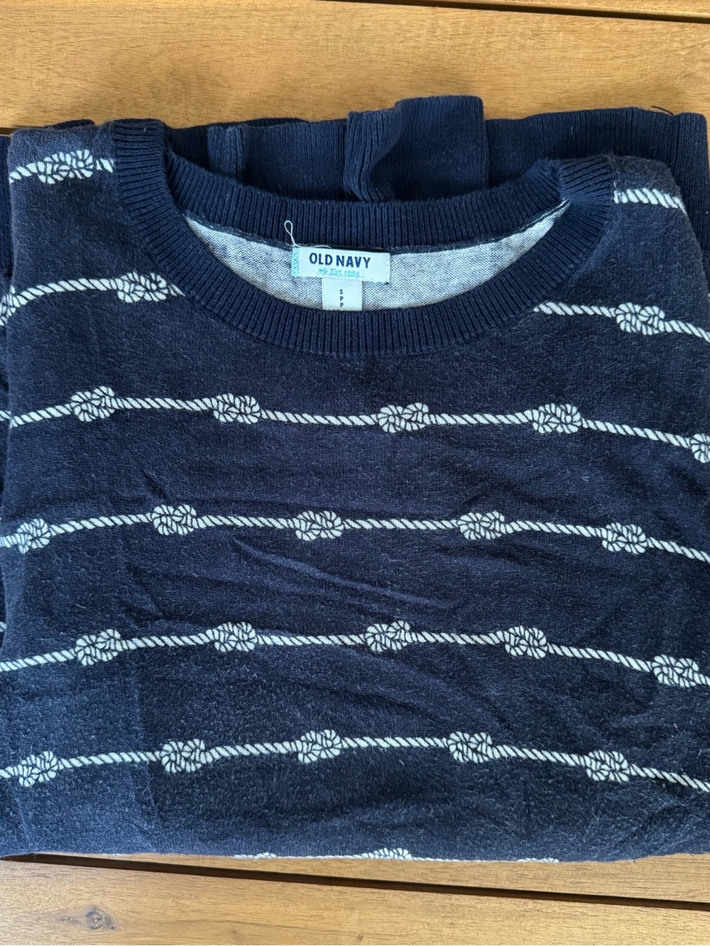 Old Navy Navy and White Knot-Striped Crewneck Sweater
